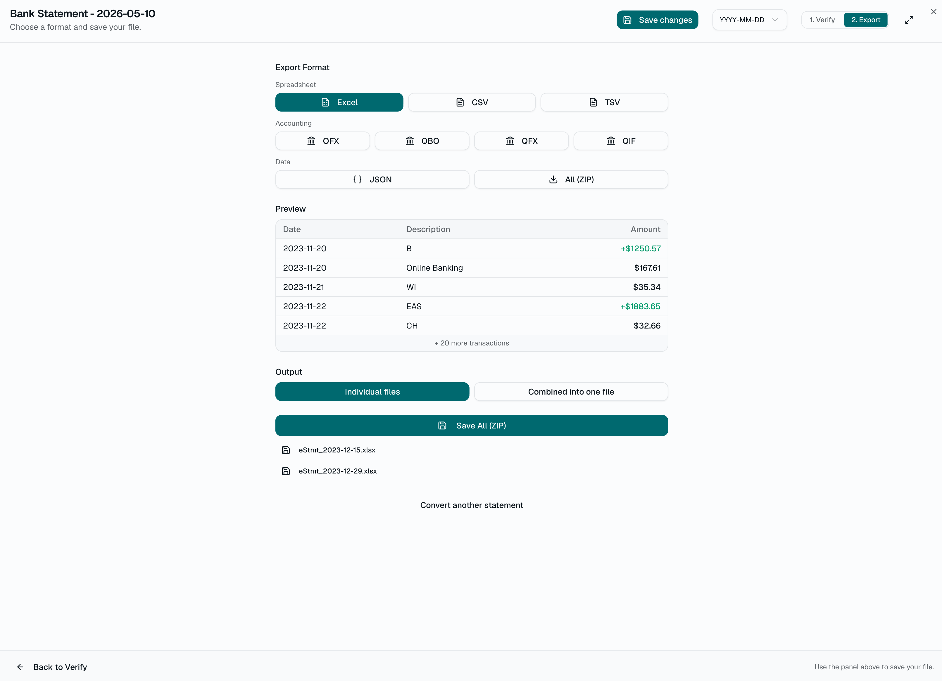 Bank statement export window showing format options like Excel, CSV, QBO, OFX, and QIF
