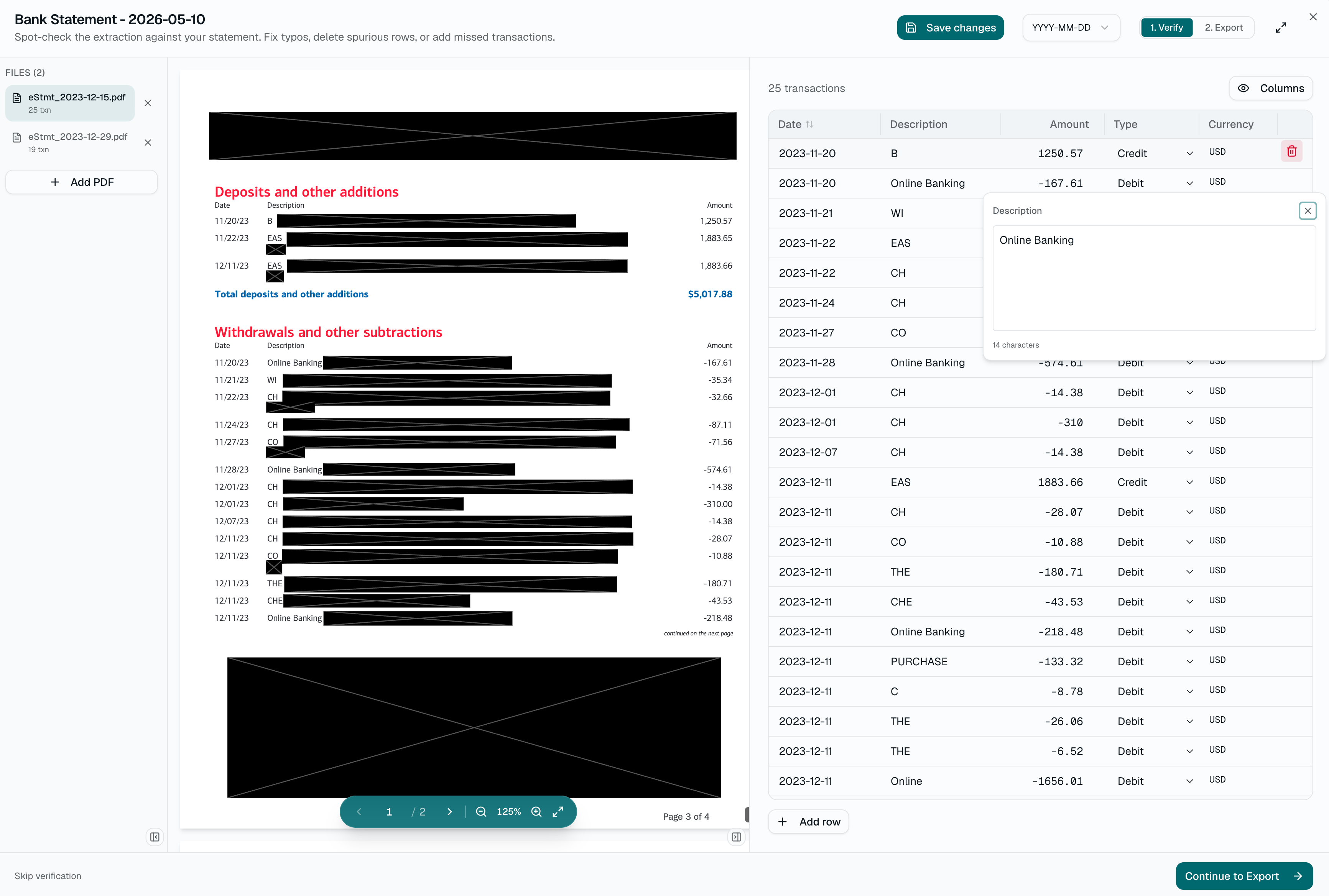 Bank statement verifier window showing extracted transactions with balance verification