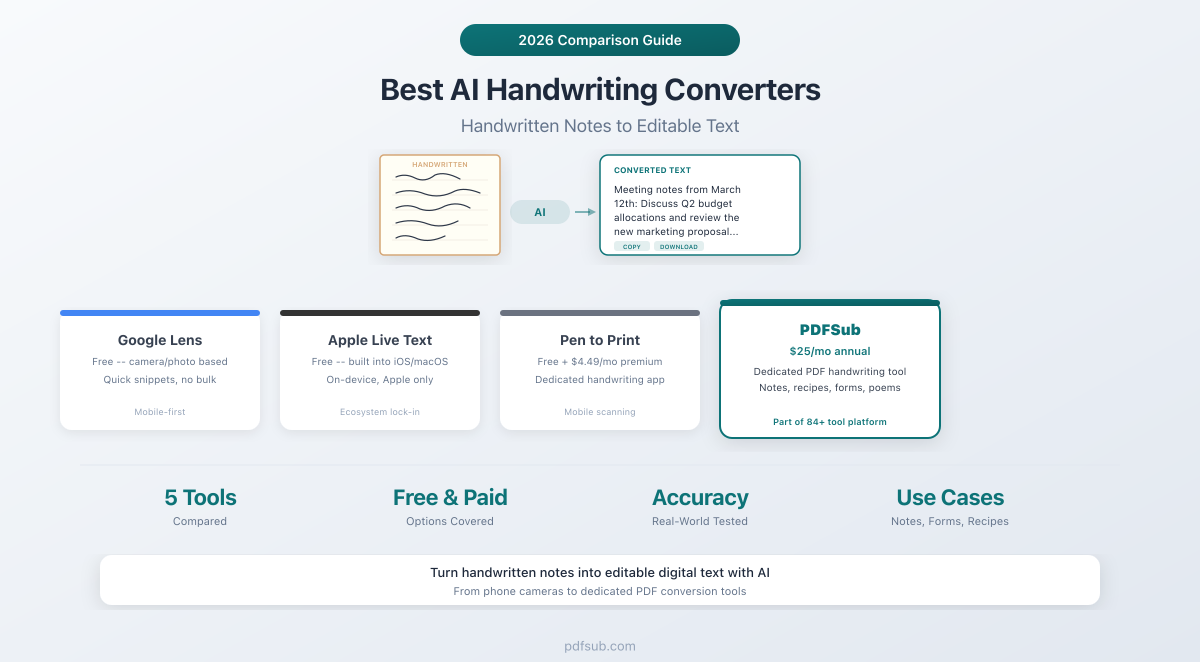 Best AI Handwriting Converters compared -- Google Lens, Apple Live Text, Pen to Print, OneNote, and PDFSub