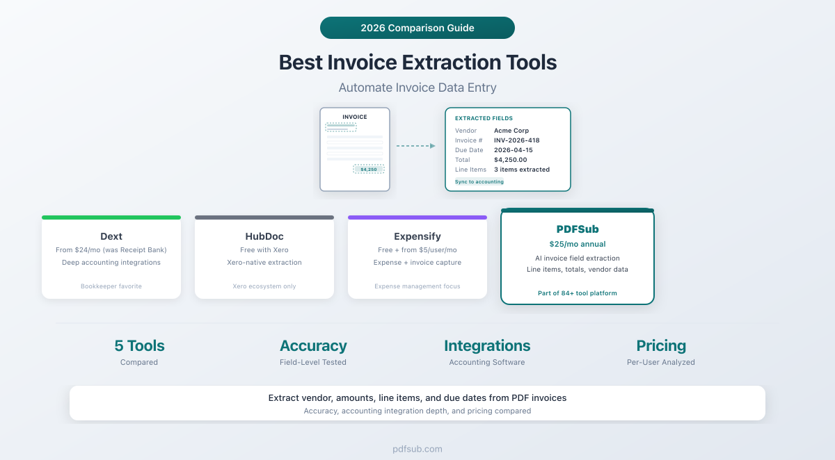 Best Invoice Extraction Tools compared -- Dext, HubDoc, Expensify, AutoEntry, and PDFSub