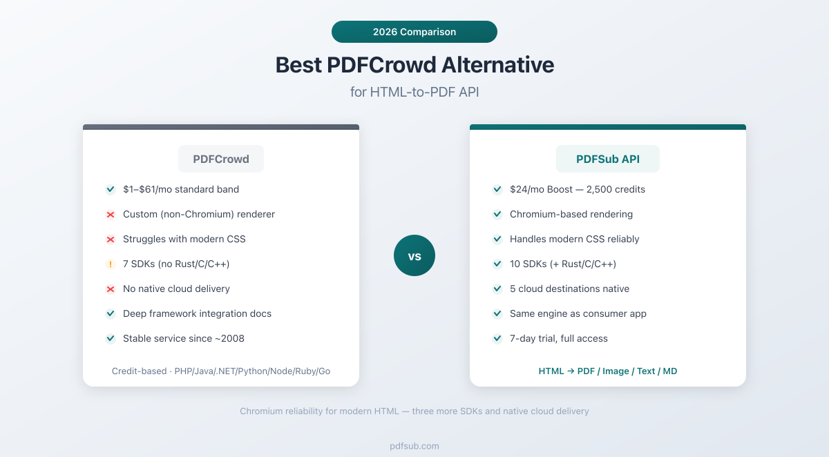 Best PDFCrowd Alternative - PDFCrowd's custom renderer trips on modern CSS where Chromium just works, PDFSub adds Rust/C/C++ SDKs and native cloud delivery