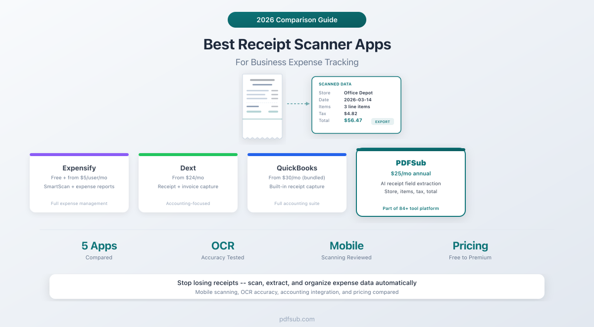 Best Receipt Scanner Apps for Business compared -- Expensify, Dext, QuickBooks, Wave, and PDFSub