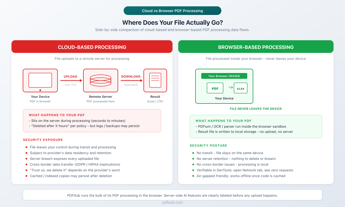 Cloud-based vs browser-based PDF processing - side-by-side data flow comparison