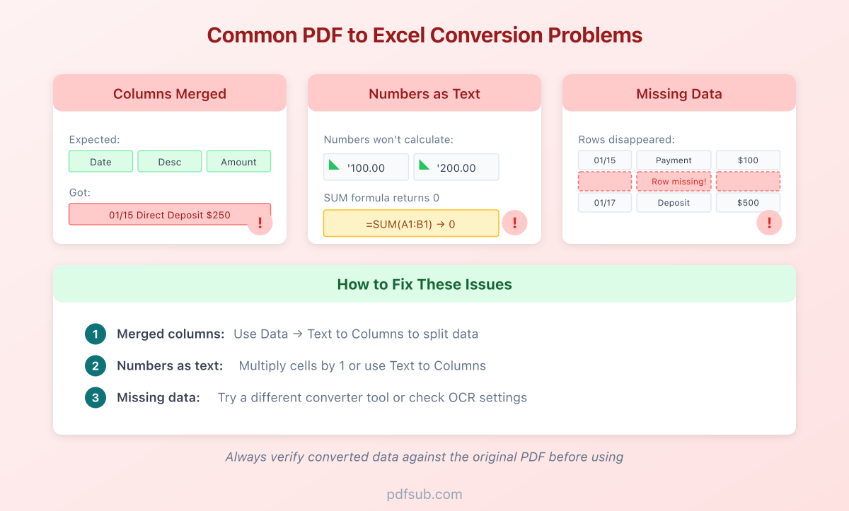 Common PDF to Excel conversion issues showing misaligned columns and merged data
