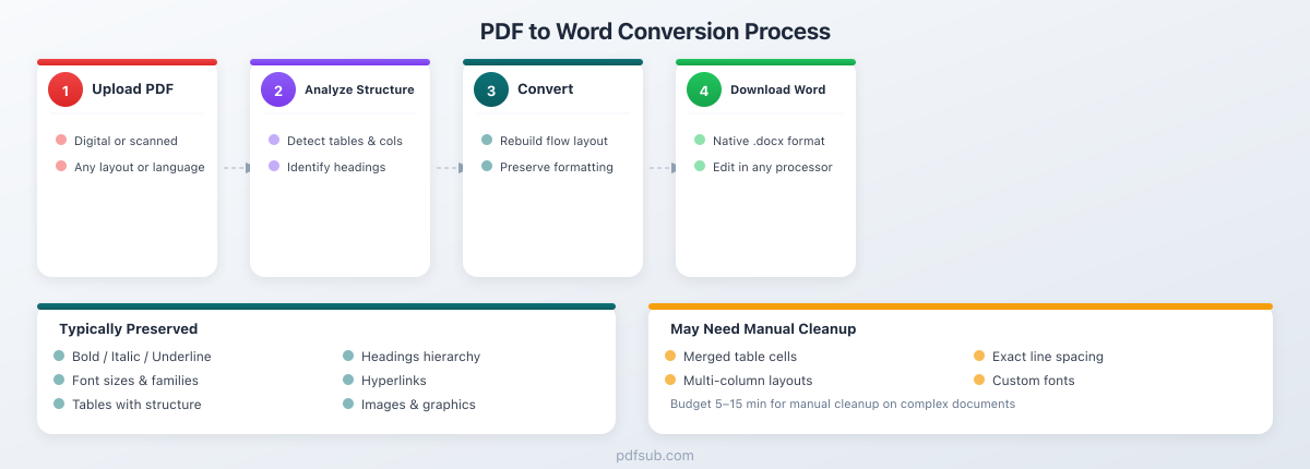 PDF to Word conversion process: Upload, Analyze, Convert, Download - what is preserved vs. what needs cleanup