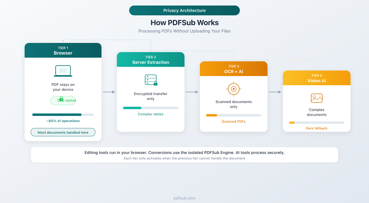 How PDFSub processes PDFs without uploading your files - browser-based document processing for privacy-conscious professionals