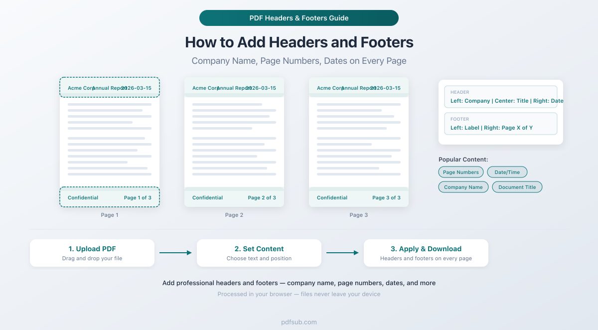 How to add headers and footers to a PDF - company name, page numbers, and dates on every page