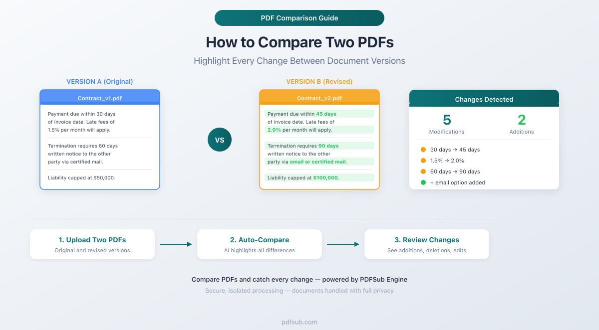 How to compare two PDFs side by side - highlight every change between versions