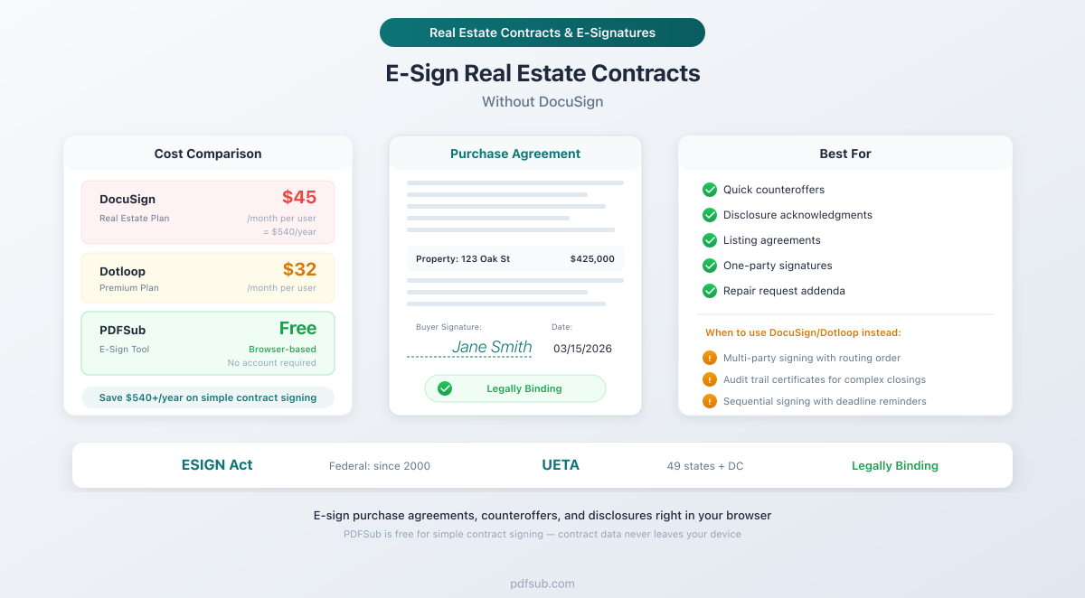 How to E-Sign Real Estate Contracts Without DocuSign - cost comparison, legal framework, and when to use which tool