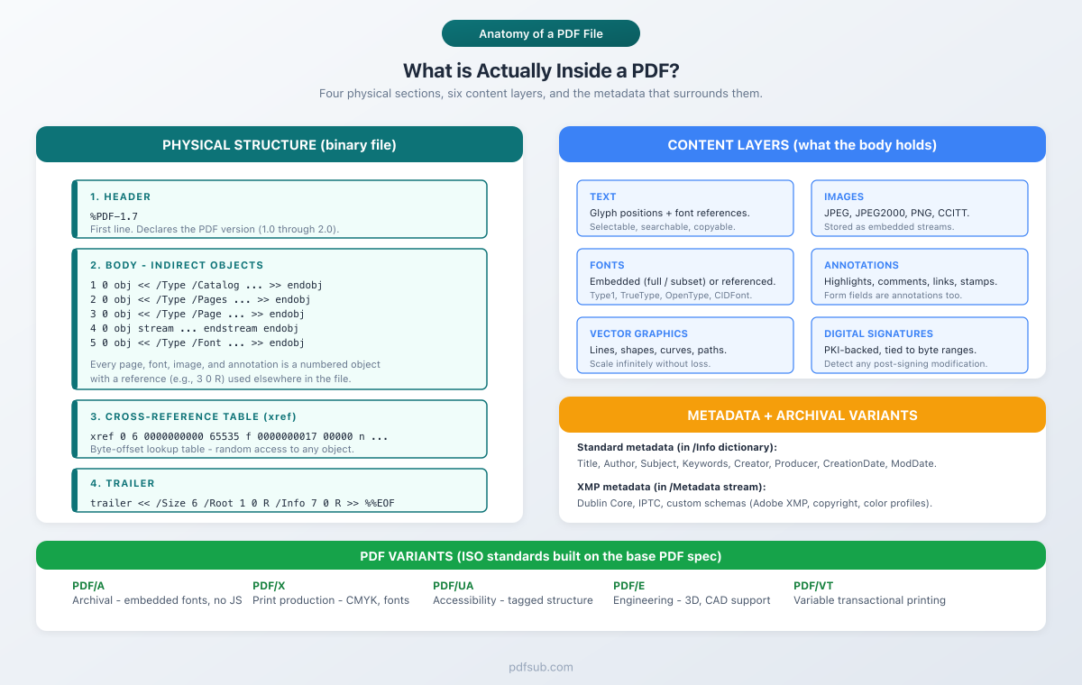 Anatomy of a PDF file: header, body objects, cross-reference table, trailer, content layers, and metadata