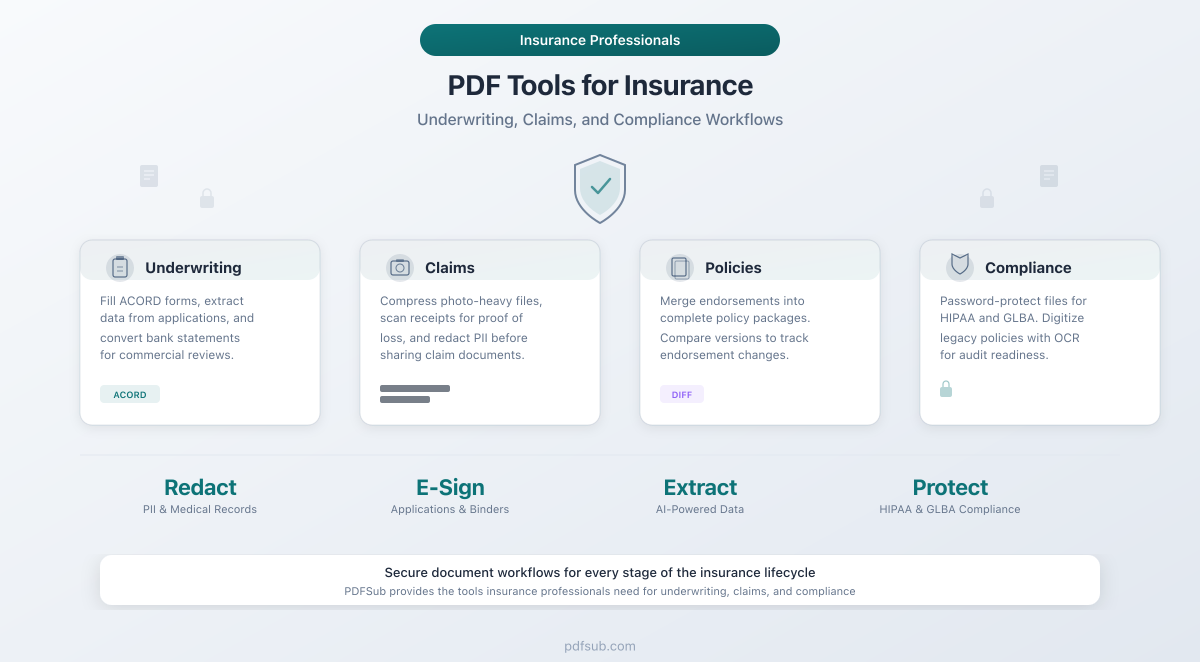PDF Tools for Insurance Professionals - underwriting, claims, policy management, and compliance workflows