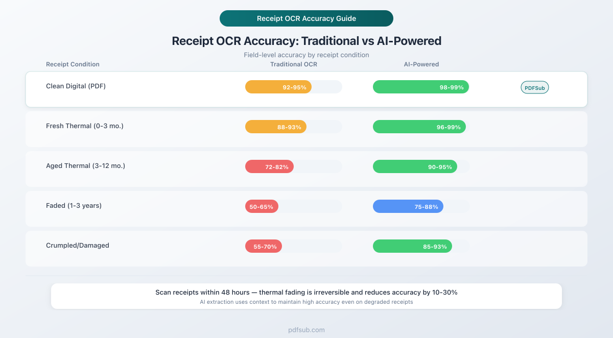 Receipt OCR accuracy comparison: traditional OCR vs AI-powered extraction across different receipt conditions