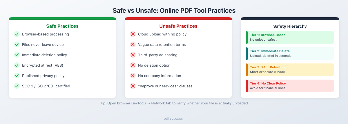 Safe vs unsafe practices for uploading financial documents online - safety hierarchy and red flags