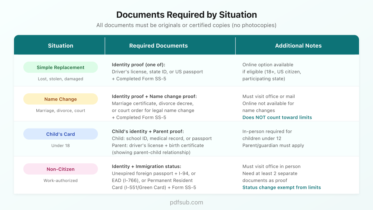 Document requirements by situation for Social Security card replacement
